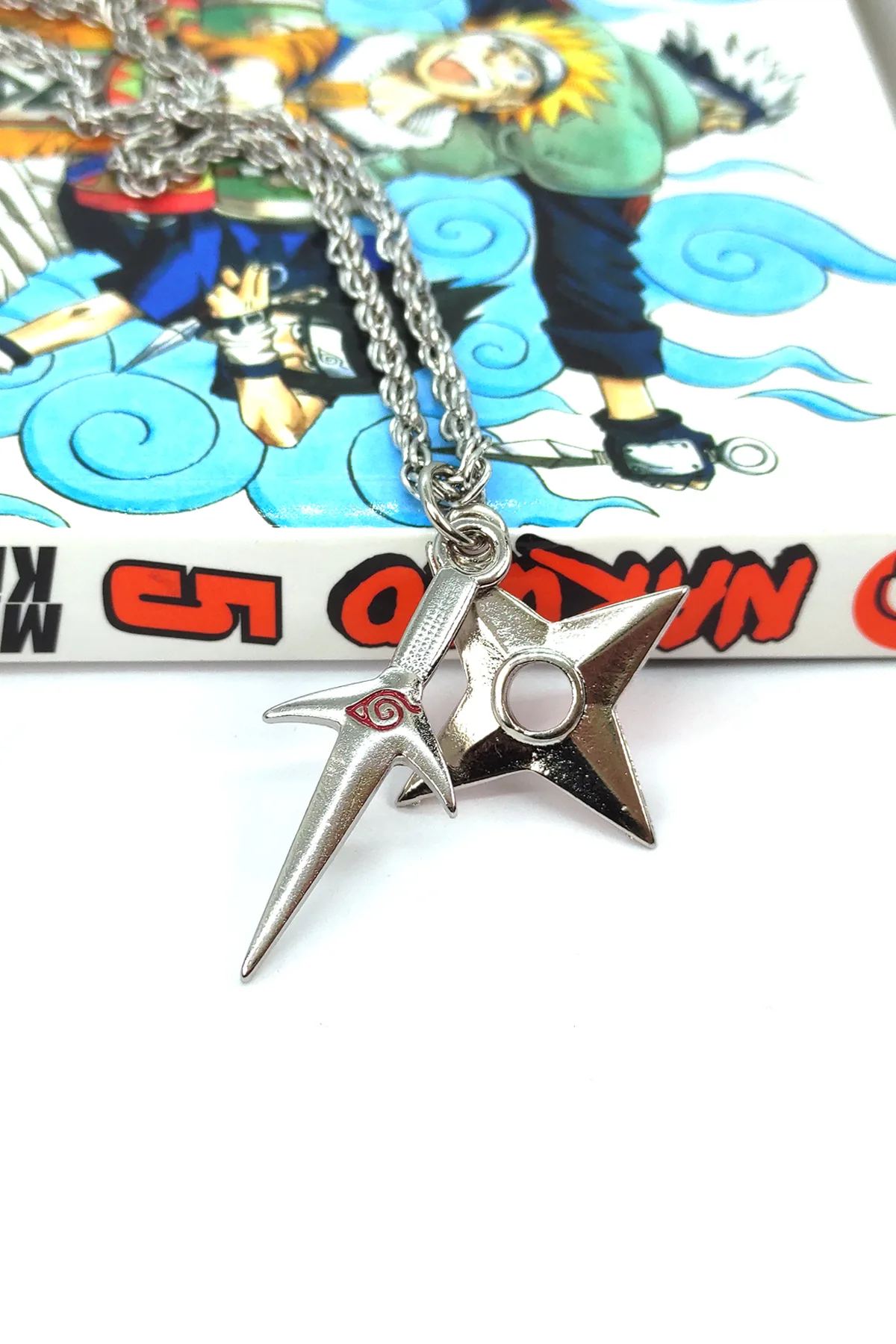 Naruto Kunai ve Shuriken Kombin Kolye Minato Kolye - Gümüş Renk - Burgu Zincir - 65 cm