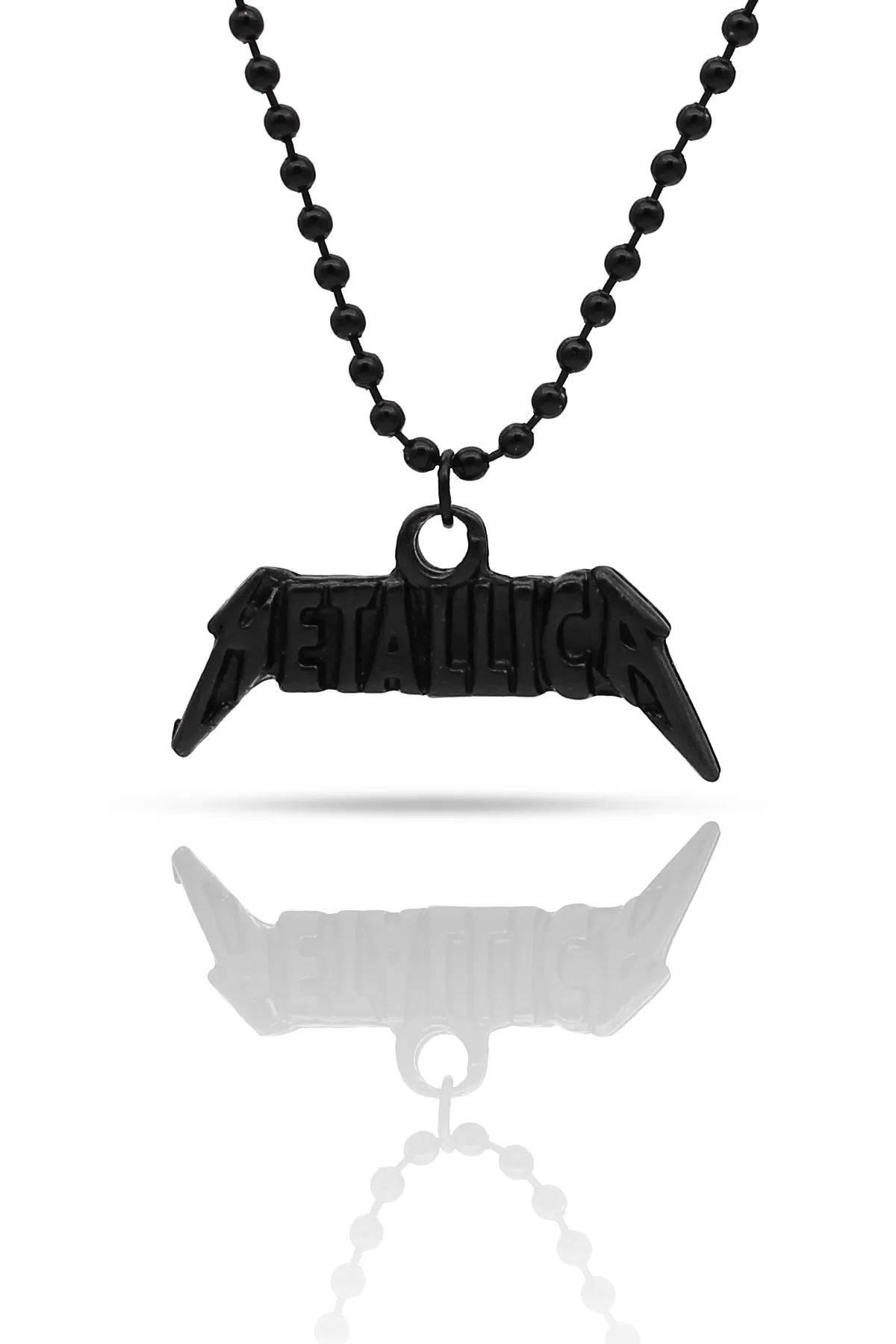 Metallica Rock Band Fan Kolye - Antik Gümüş Kaplama - Siyah Renk - Top Zincir - 65 cm