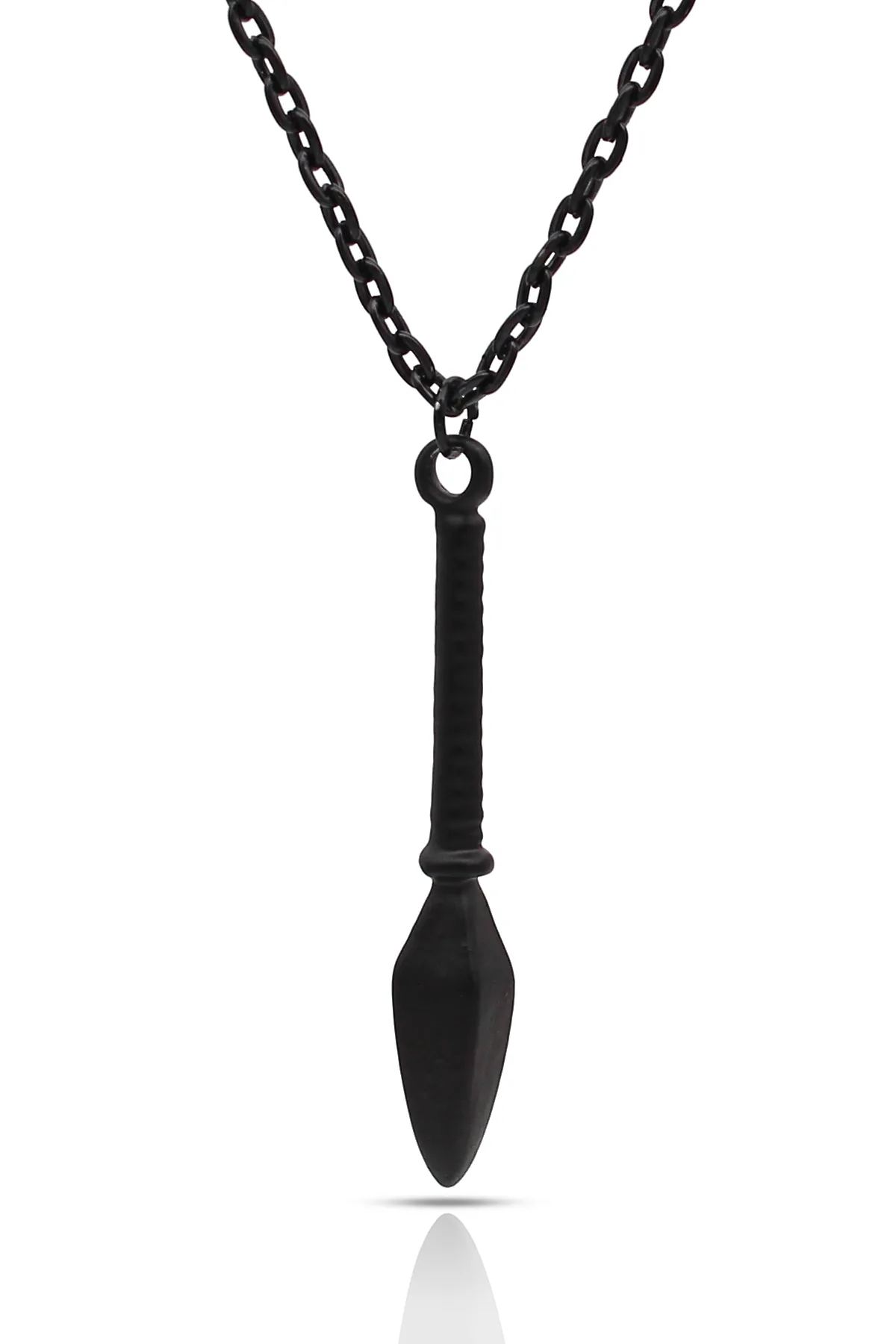 Japon Kunai Kolye - Antik Gümüş Kaplama - Siyah Renk - Klasik Zincir - 65 cm