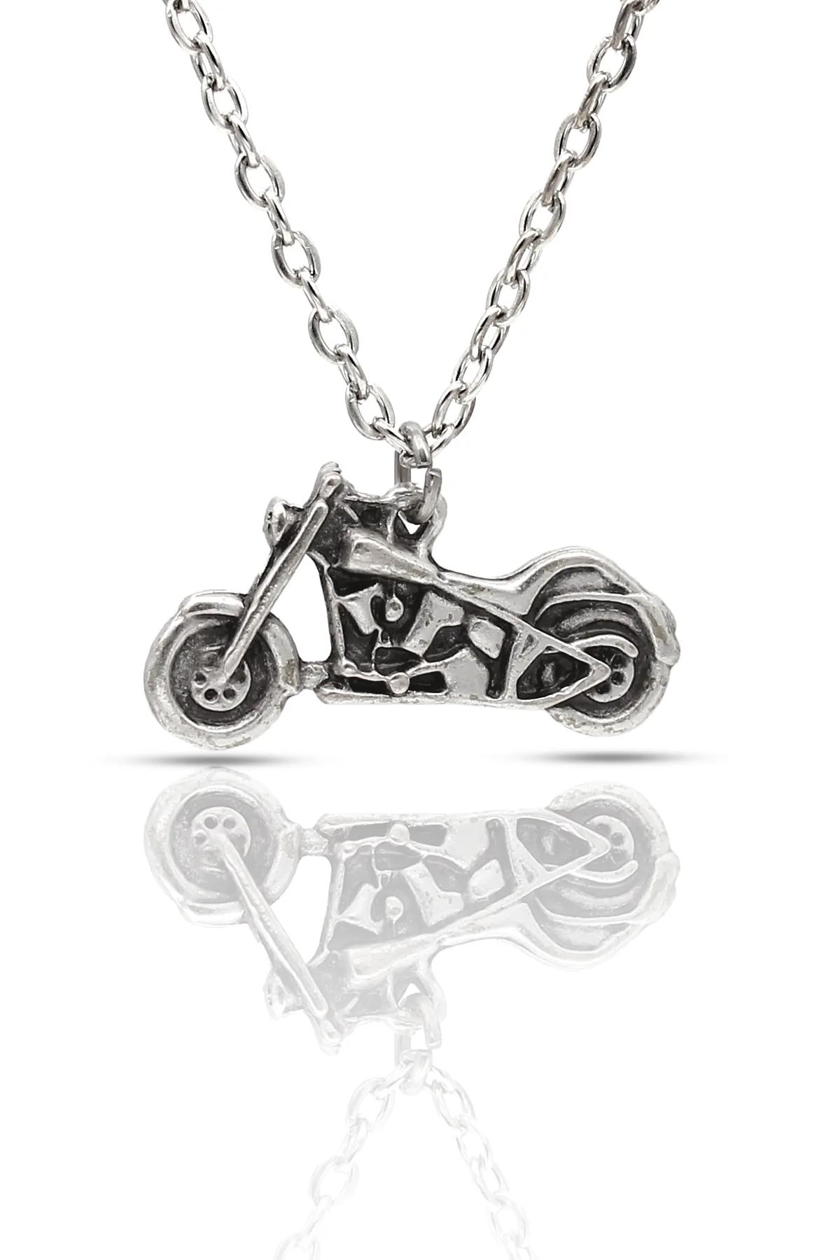 Harley Davidson Motor Kolye - Antik Gümüş Kaplama - Antik Gümüş Kaplama - Klasik Zincir - 65 cm