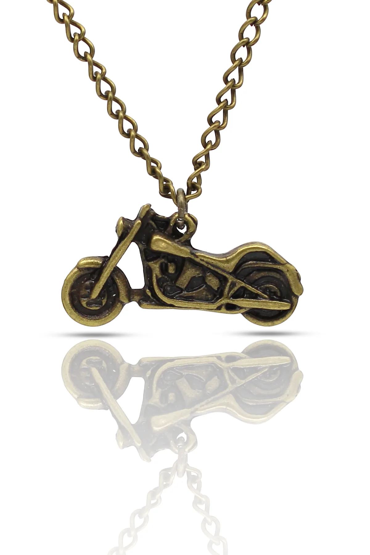 Harley Davidson Motor Kolye - Antik Gümüş Kaplama - Antik Sarı Kaplama - Klasik Zincir - 65 cm