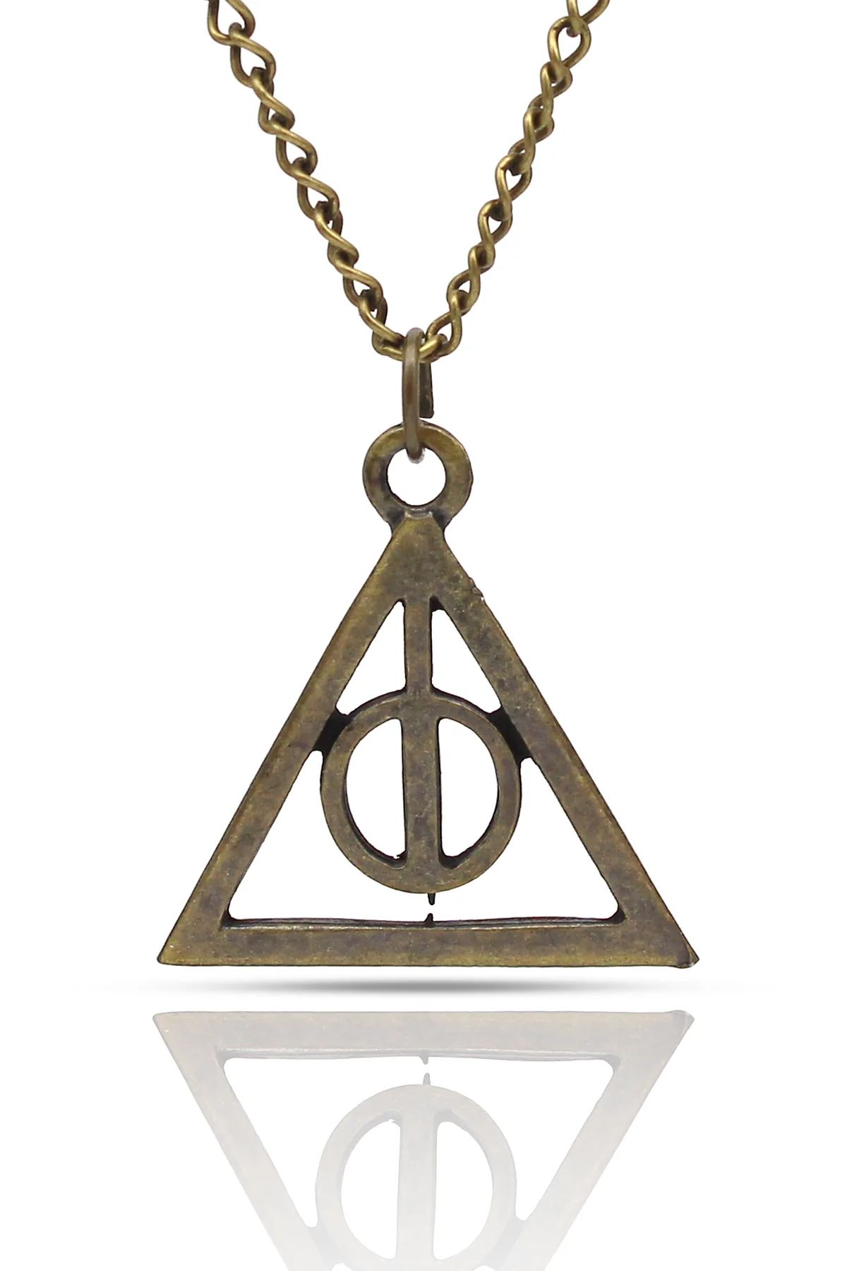 Harry Potter Ölüm Yadigarları Üçgen Kolye - Antik Sarı Kaplama - Klasik Zincir - 65 cm