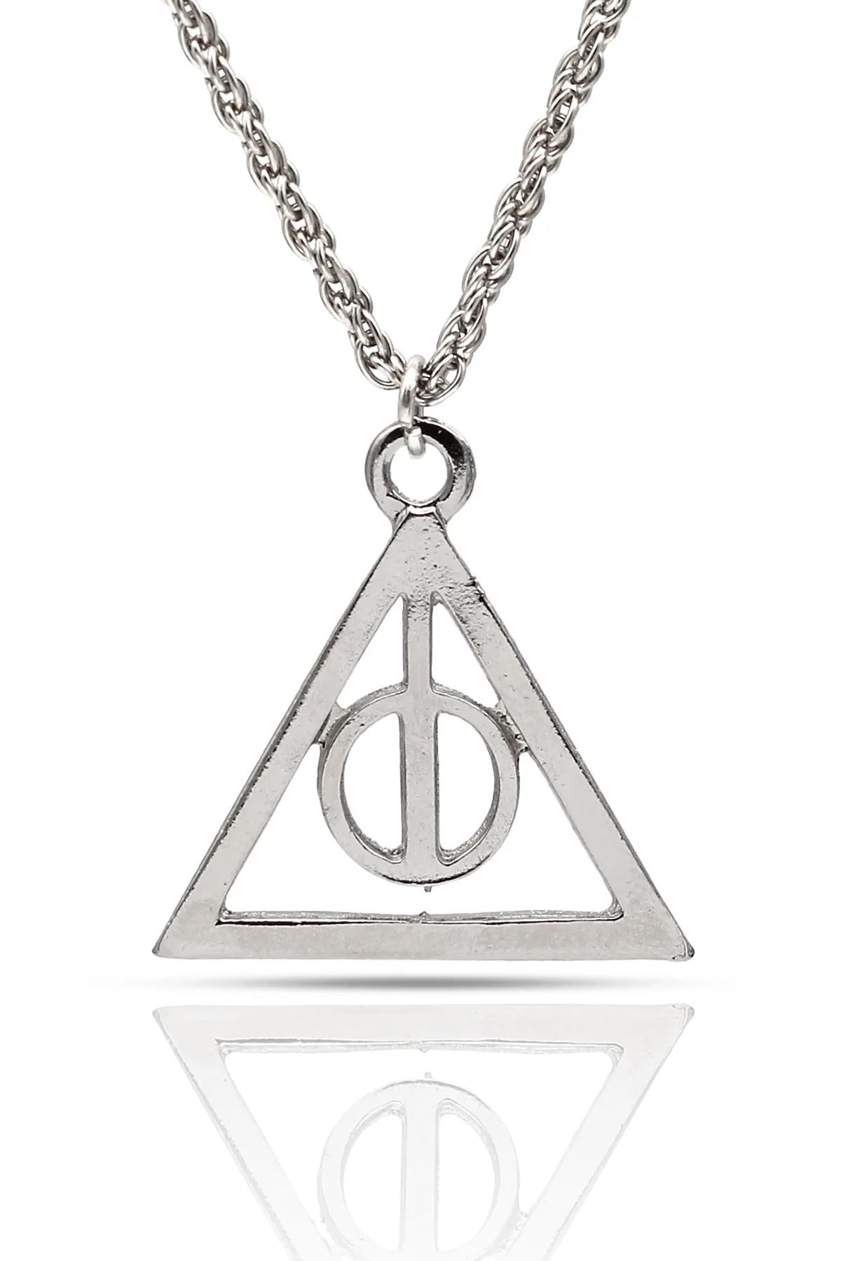 Harry Potter Ölüm Yadigarları Üçgen Kolye - Gümüş Renk - Burgu Zincir - 65 cm