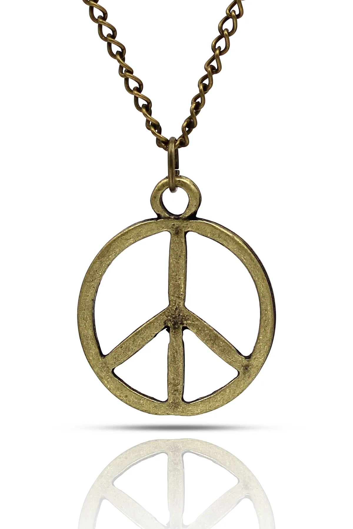Barış İşareti Sembol Peace Kolye - Antik Sarı Kaplama - Klasik Zincir - 65 cm