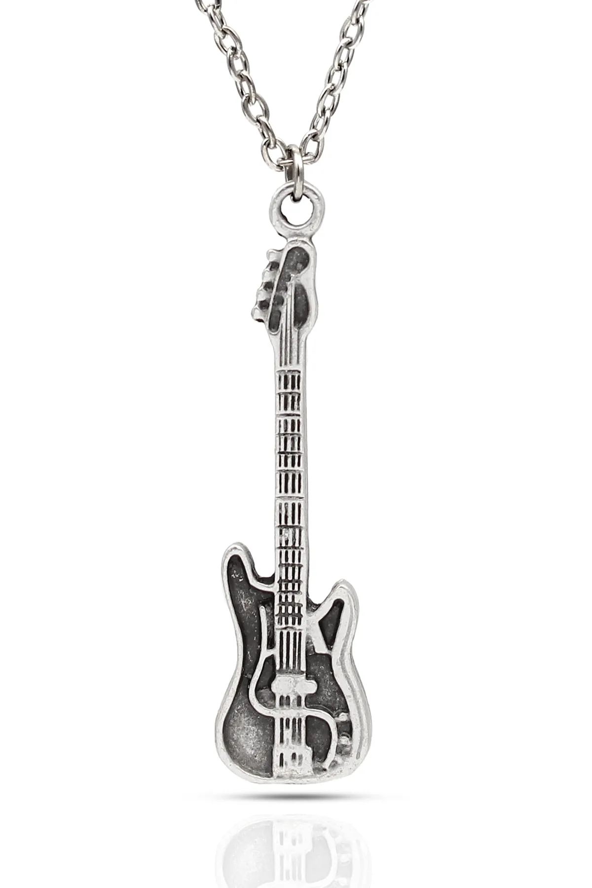 Elektro Gitar Kolye - Antik Gümüş Kaplama - Antik Gümüş Kaplama - Klasik Zincir - 65 cm