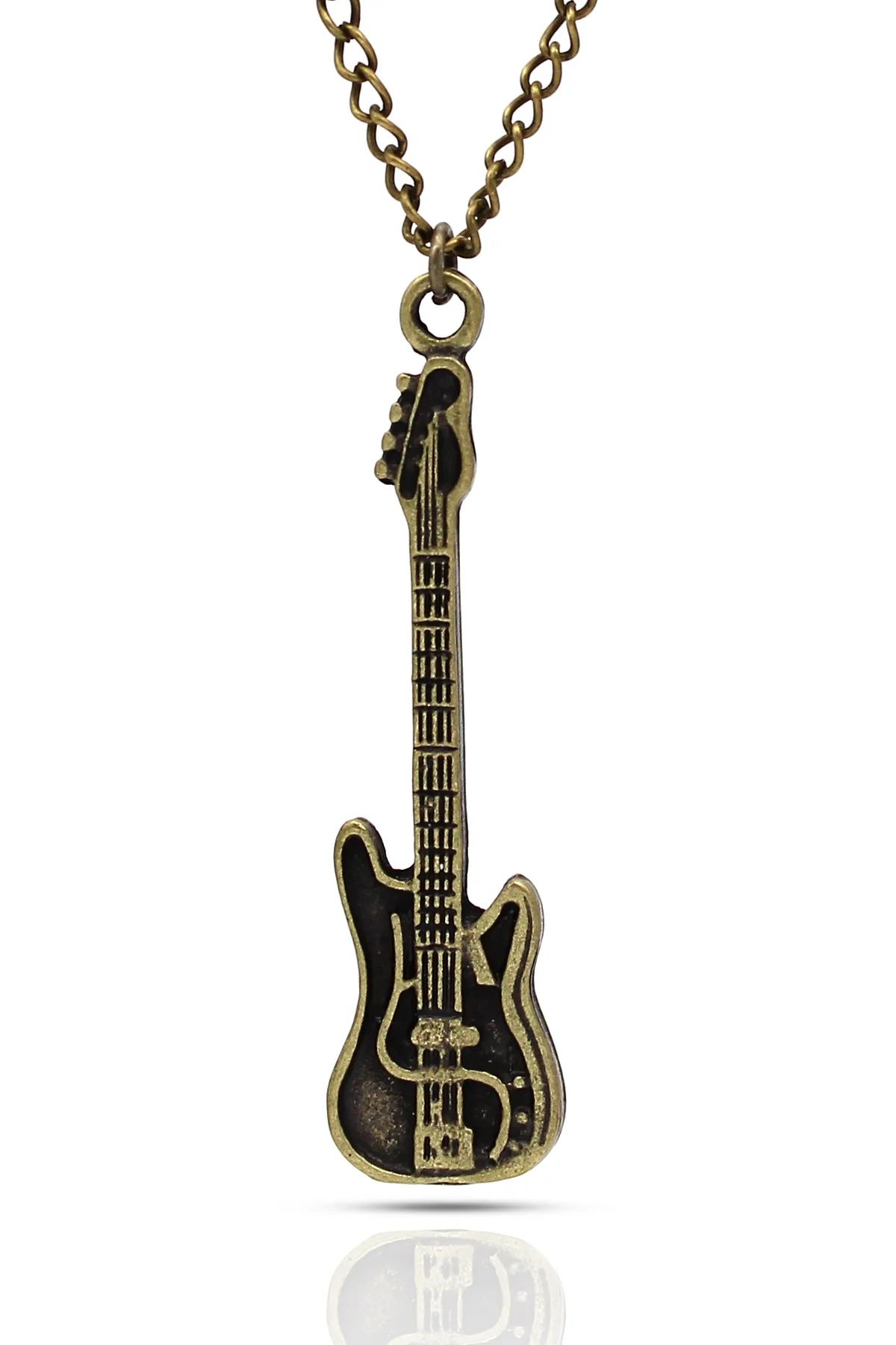 Elektro Gitar Kolye - Antik Gümüş Kaplama - Antik Sarı Kaplama - Klasik Zincir - 65 cm