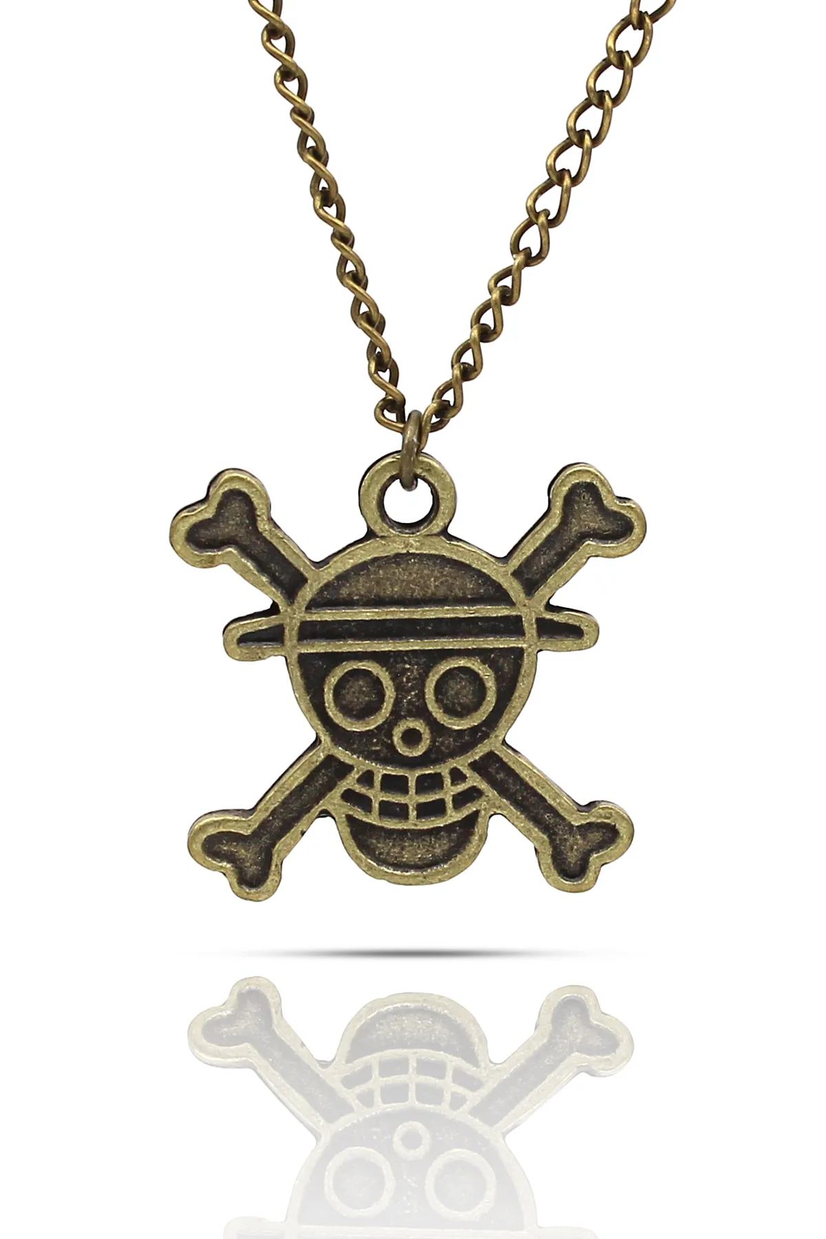 One Piece Kurukafa Korsan Luffy Anime Kolye - Mineli - Antik Sarı Kaplama - Klasik Zincir - 65 cm