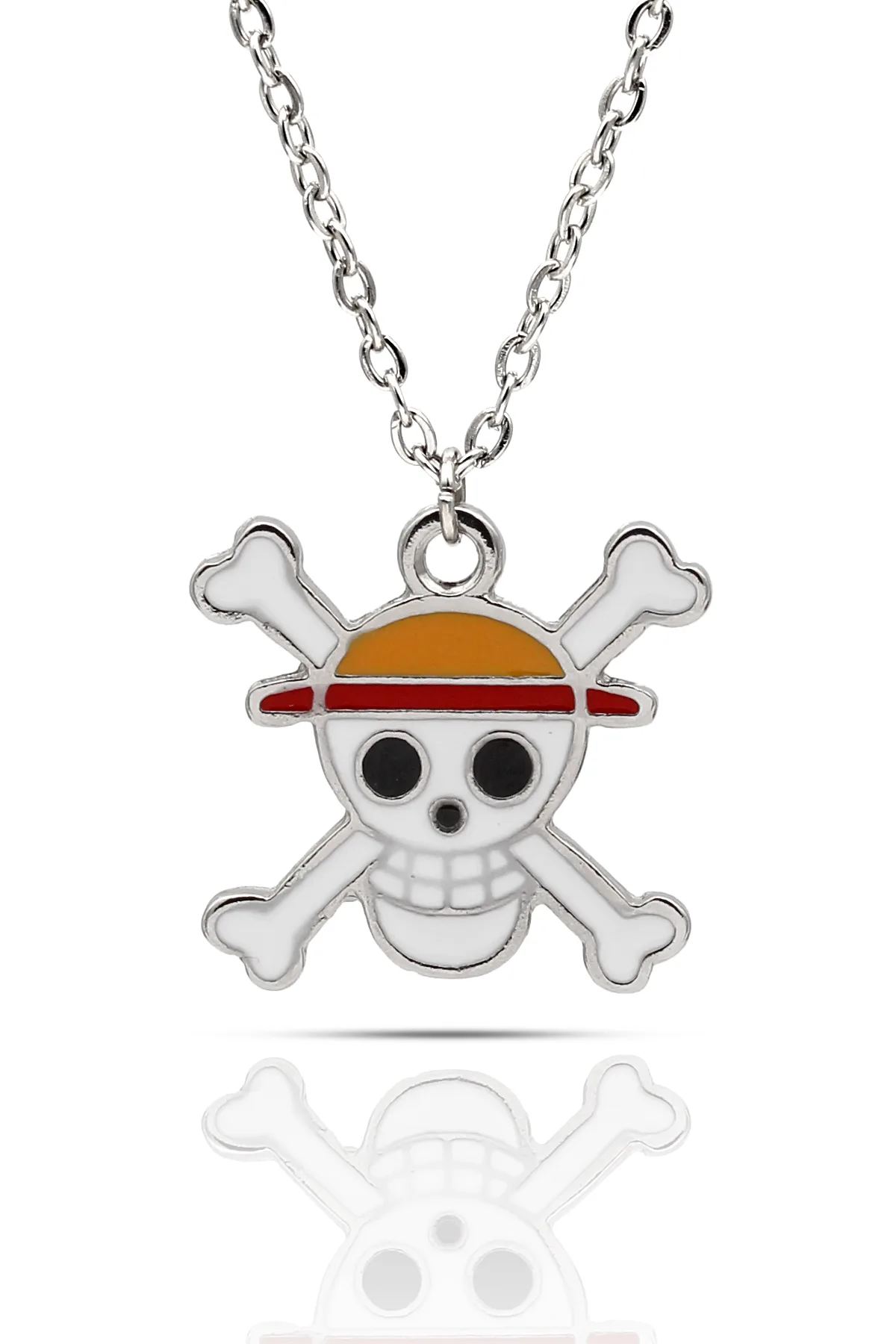 One Piece Kurukafa Korsan Luffy Anime Kolye - Mineli - Gümüş Renk - Klasik Zincir - 65 cm