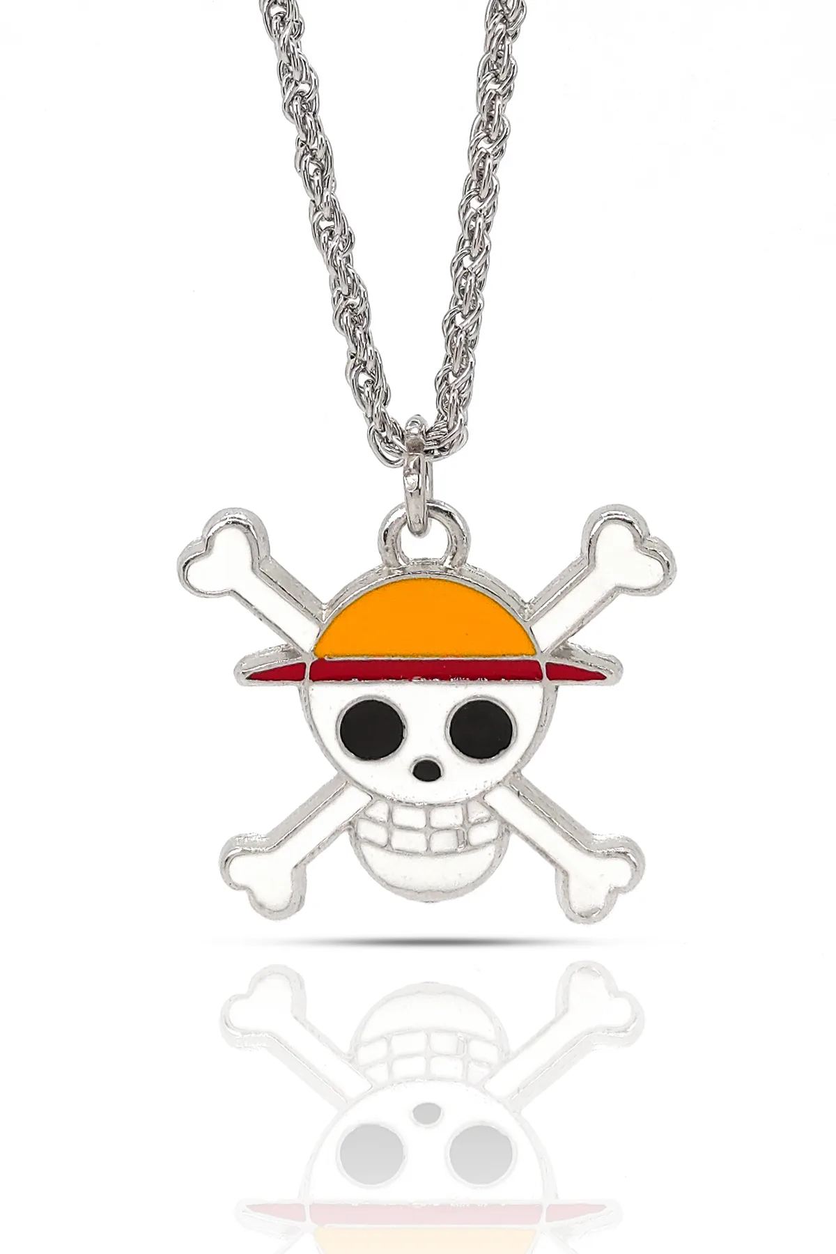 One Piece Kurukafa Korsan Luffy Anime Kolye - Mineli - Gümüş Renk - Burgu Zincir - 65 cm