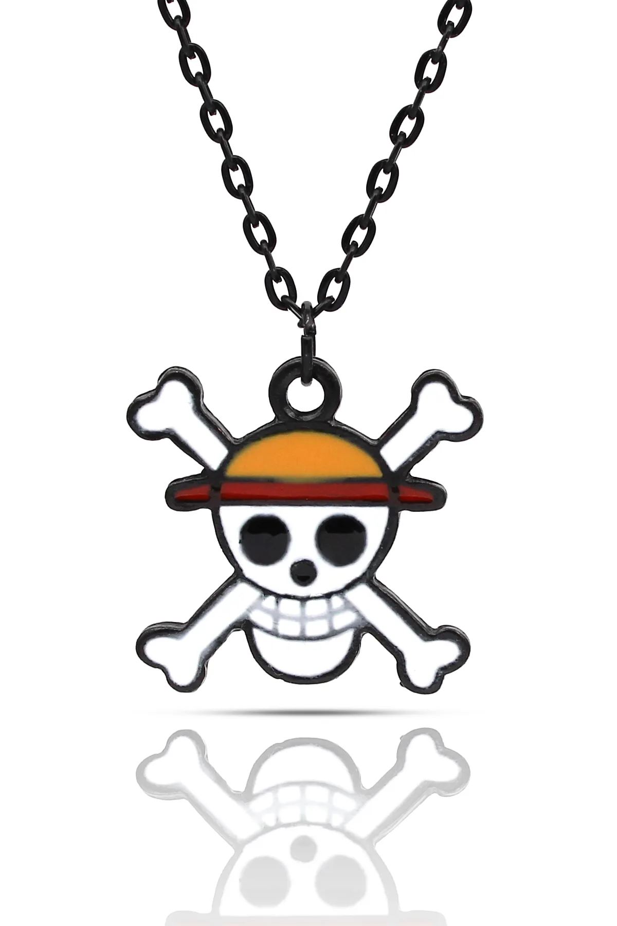 One Piece Kurukafa Korsan Luffy Anime Kolye - Mineli - Siyah Renk - Klasik Zincir - 65 cm