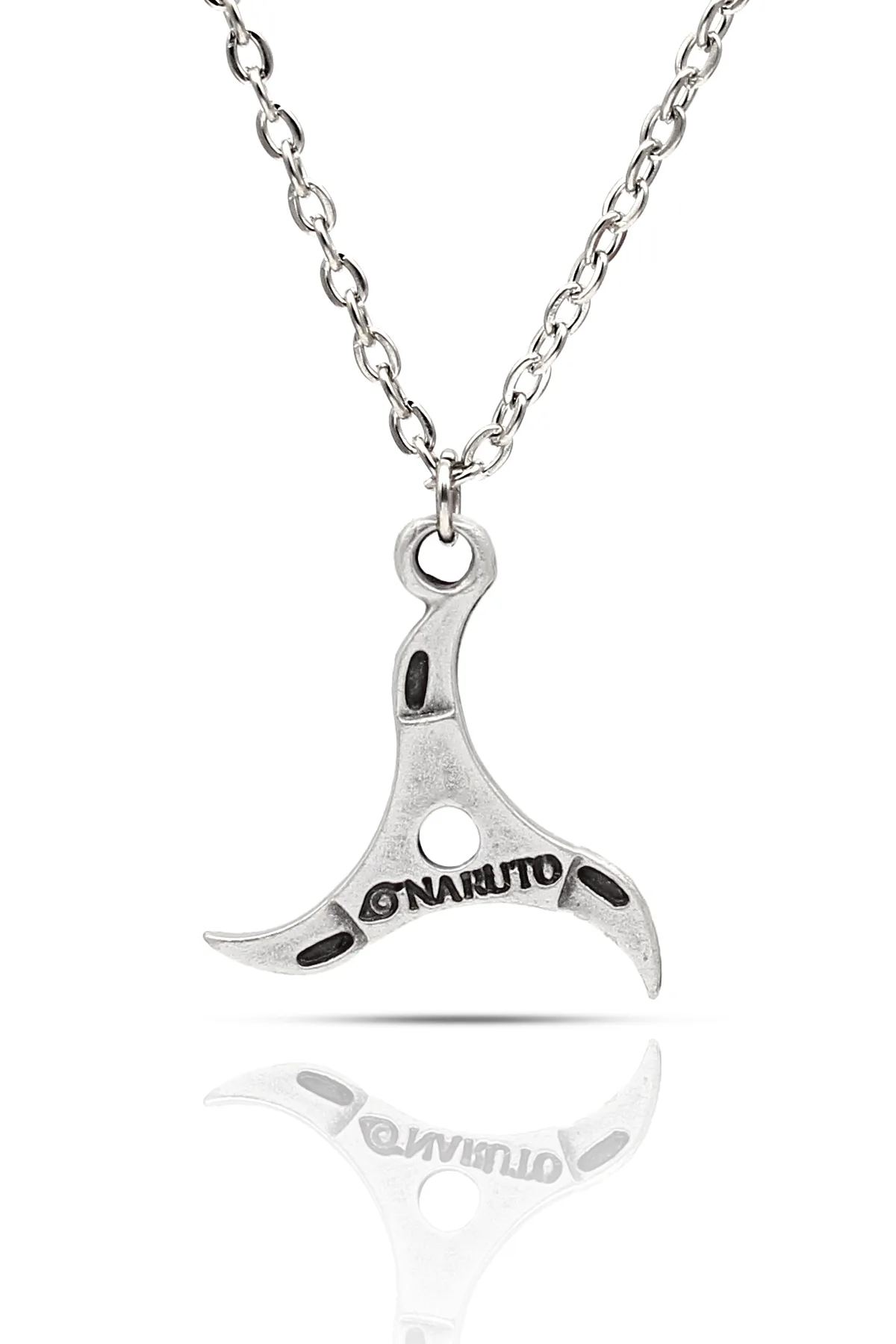Naruto Anime Shuriken Konoha Kolye - Antik Gümüş Kaplama - Antik Gümüş Kaplama - Klasik Zincir - 65 cm