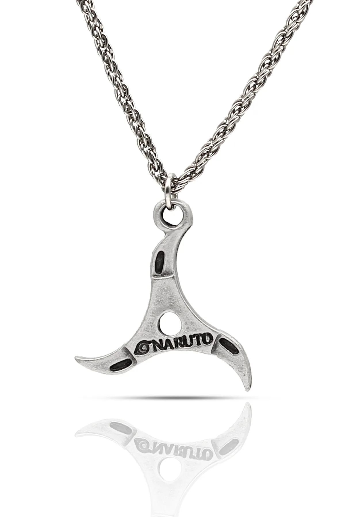 Naruto Anime Shuriken Konoha Kolye - Antik Gümüş Kaplama - Antik Gümüş Kaplama - Burgu Zincir - 65 cm