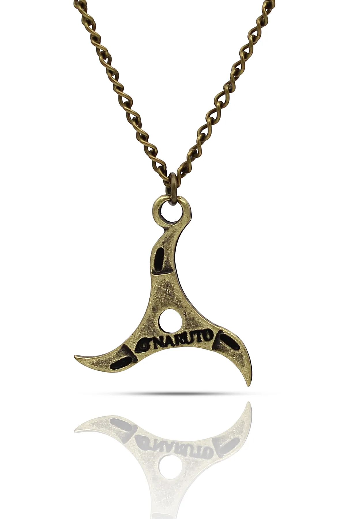 Naruto Anime Shuriken Konoha Kolye - Antik Gümüş Kaplama - Antik Sarı Kaplama - Klasik Zincir - 65 cm