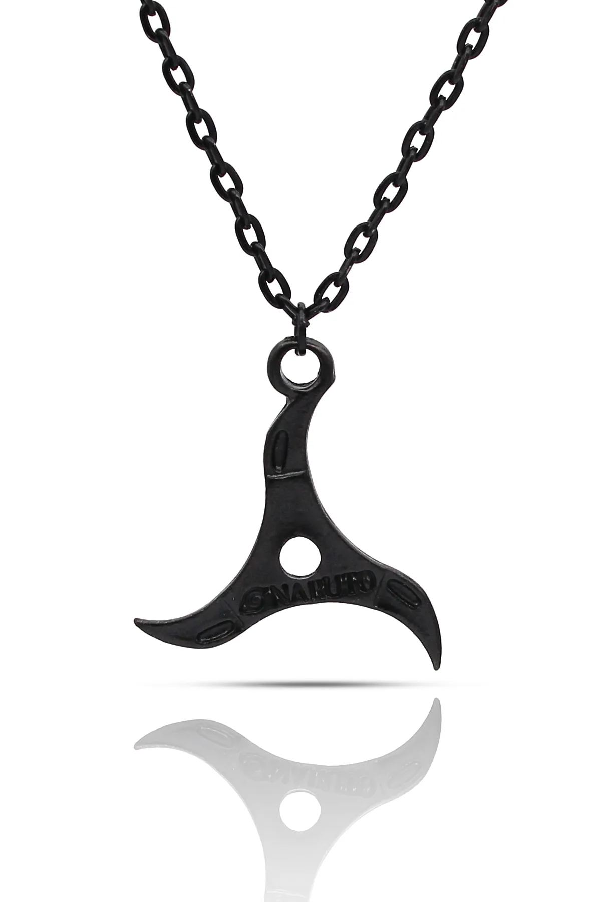 Naruto Anime Shuriken Konoha Kolye - Antik Gümüş Kaplama - Siyah Renk - Klasik Zincir - 65 cm