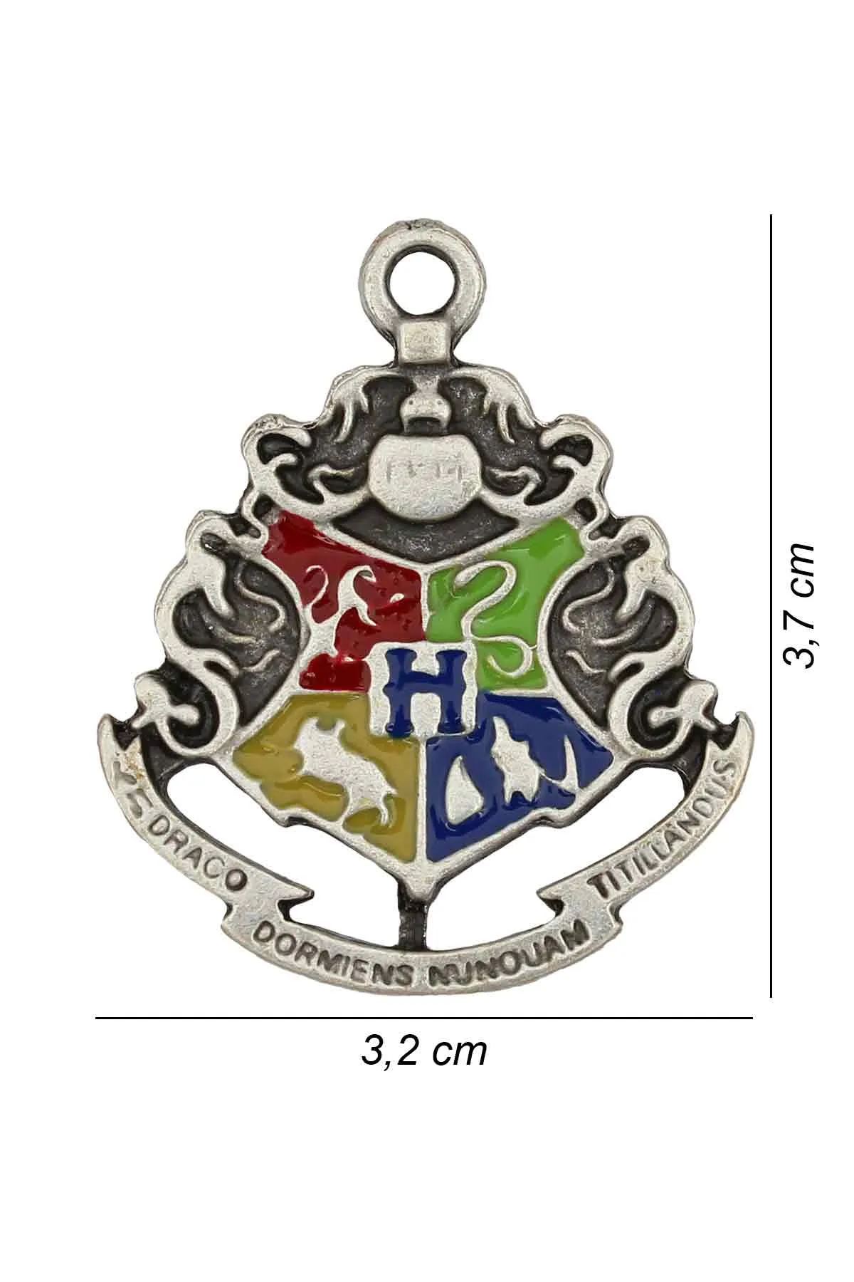 Harry Potter Hogwarts Logo Dört Ev Kolye - Mineli Antik Gümüş Kaplama - Antik Gümüş Kaplama - Burgu Zincir - 65 cm