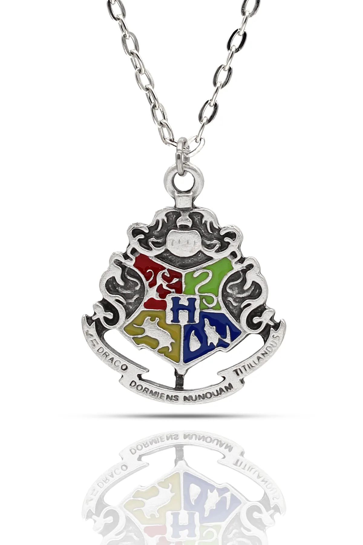 Harry Potter Hogwarts Logo Dört Ev Kolye - Mineli Antik Gümüş Kaplama - Antik Gümüş Kaplama - Klasik Zincir - 65 cm