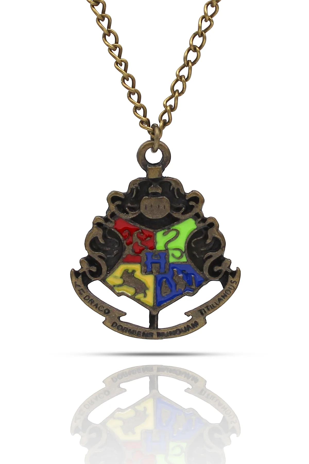 Harry Potter Hogwarts Logo Dört Ev Kolye - Mineli Antik Gümüş Kaplama - Antik Sarı Kaplama - Klasik Zincir - 65 cm