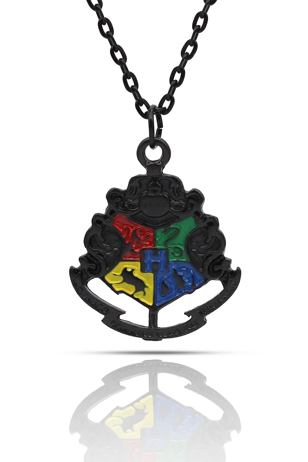 Harry Potter Hogwarts Logo Dört Ev Kolye - Mineli Antik Gümüş Kaplama - Siyah Renk - Klasik Zincir - 65 cm