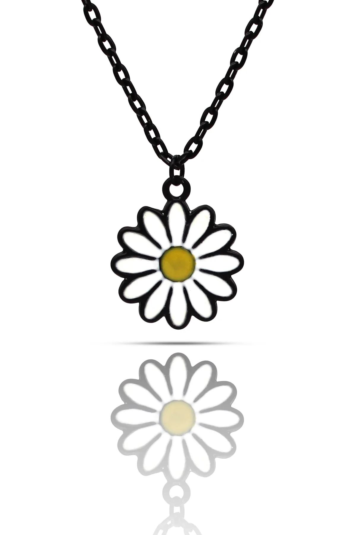 Beyaz Papatya Figür Kadın Kolye - Mineli - Siyah Renk - Klasik Zincir - 65 cm