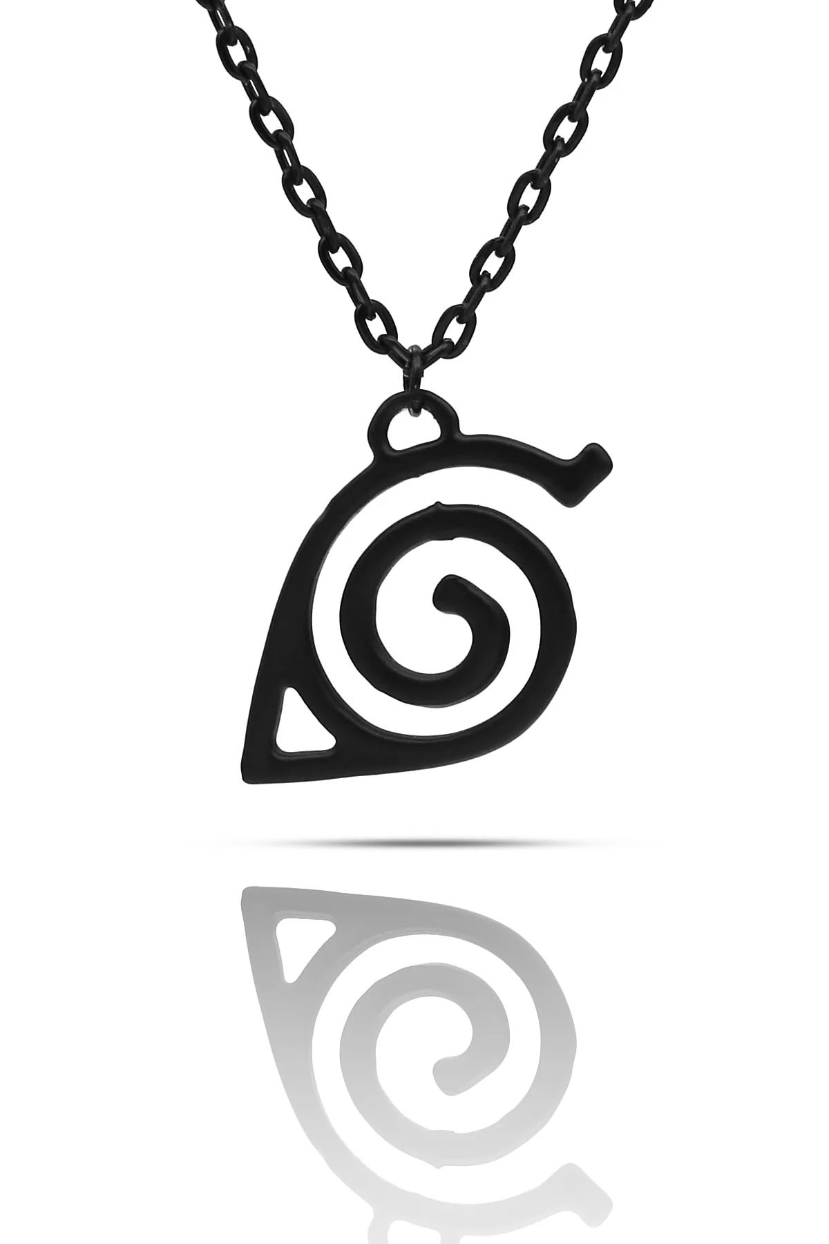 Naruto Konoha Sembol Anime Kolye - Siyah Renk - Klasik Zincir - 65 cm