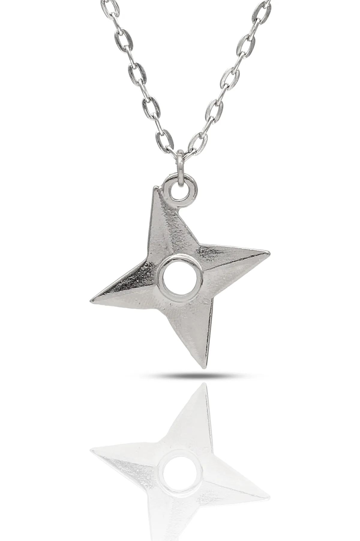 Japon Shuriken Ninja Kolye - Gümüş Renk - Klasik Zincir - 65 cm