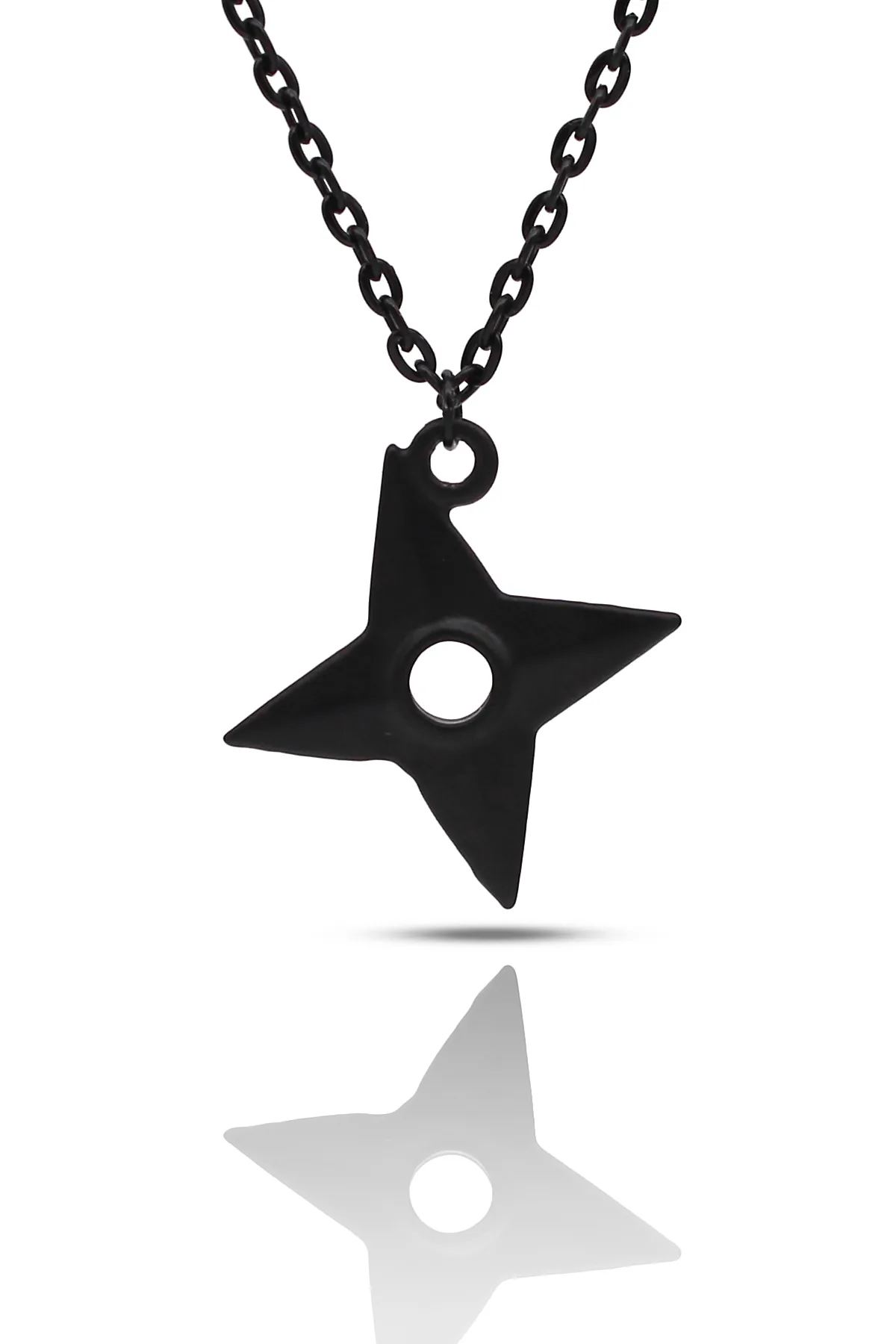 Japon Shuriken Ninja Kolye - Siyah Renk - Klasik Zincir - 65 cm