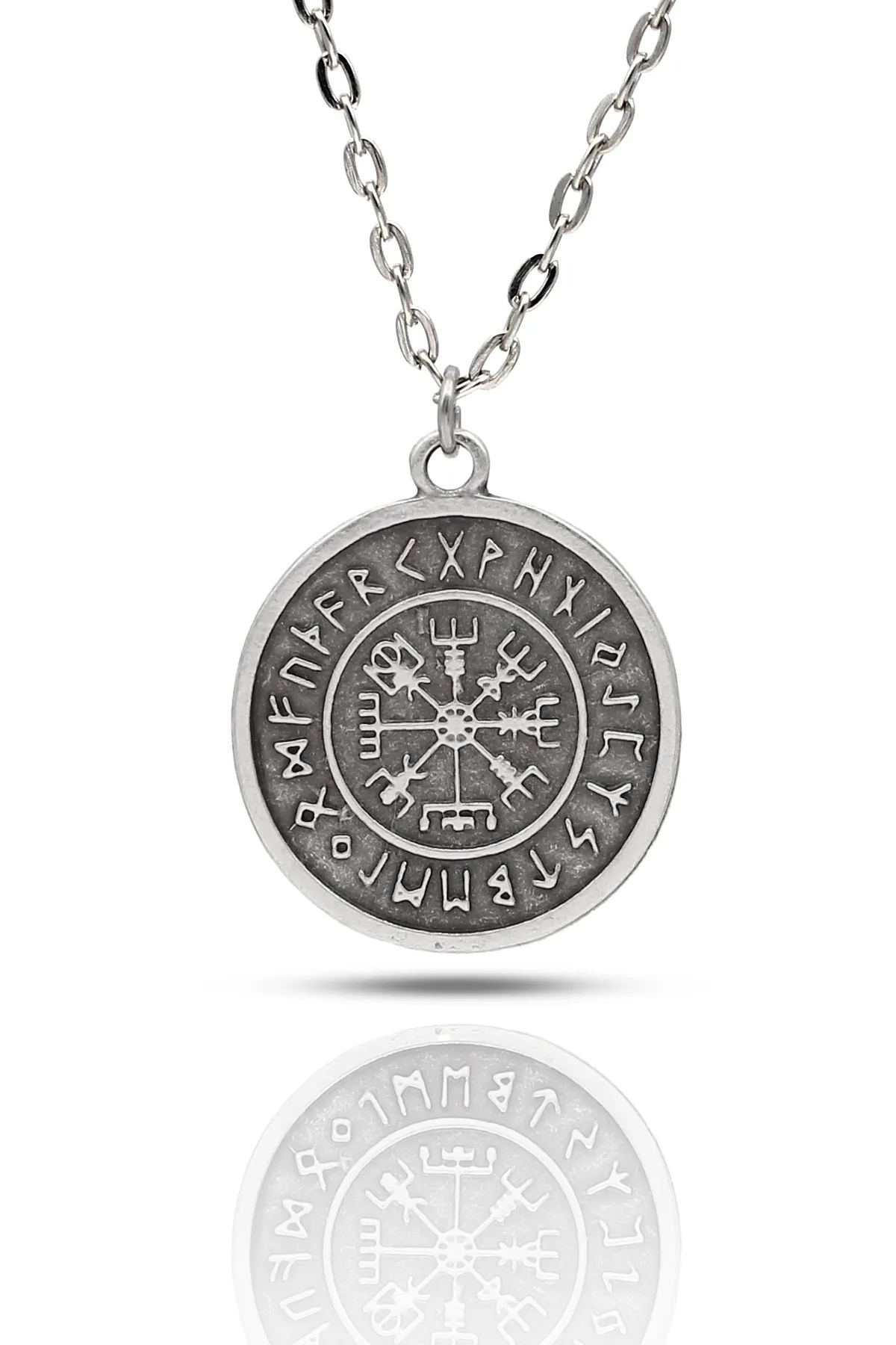 İskandinav Vegvisir Viking Pusula Kolye - Antik Gümüş Kaplama - Antik Gümüş Kaplama - Klasik Zincir - 65 cm