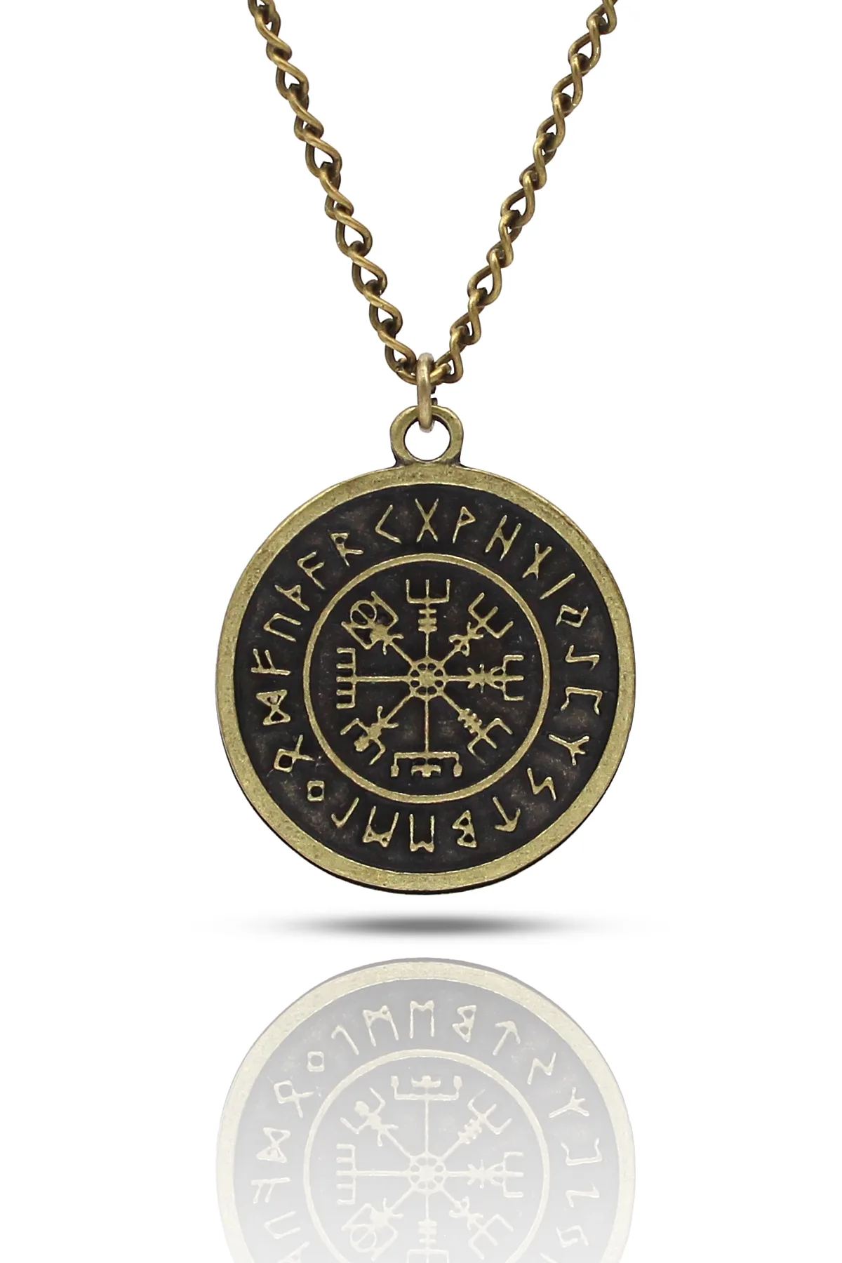 İskandinav Vegvisir Viking Pusula Kolye - Antik Gümüş Kaplama - Antik Sarı Kaplama - Klasik Zincir - 65 cm