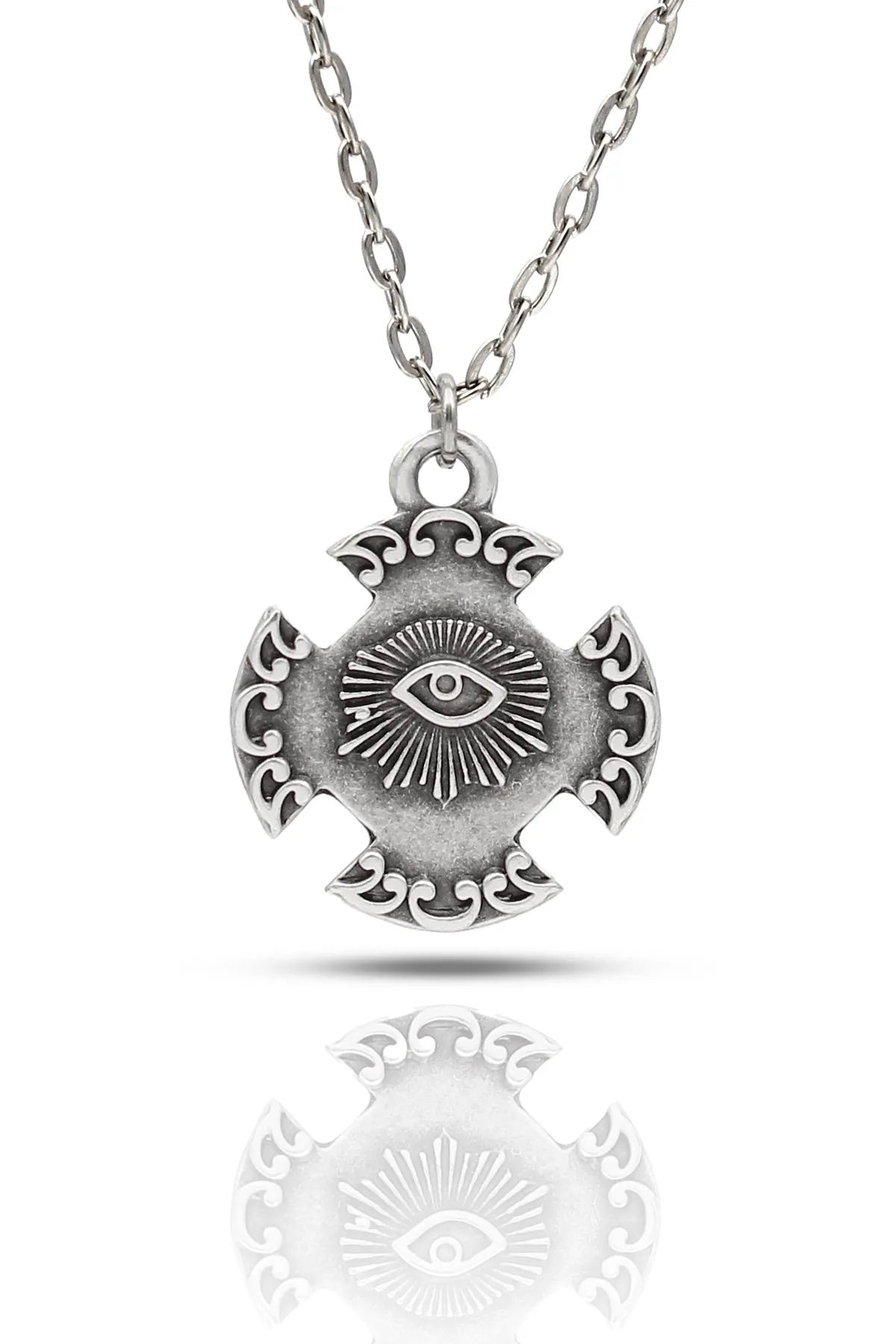 Ornate Mistik Göz Figürlü Gothic Kolye - Antik Gümüş Kaplama - Antik Gümüş Kaplama - Klasik Zincir - 65 cm