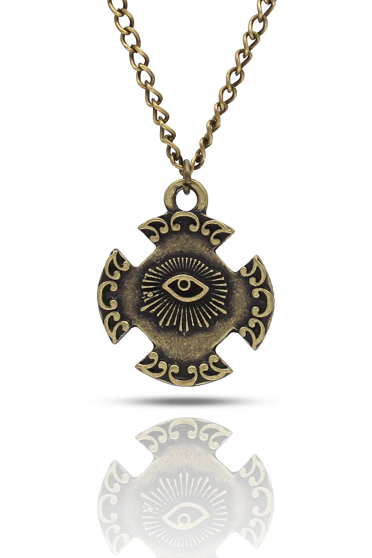 Ornate Mistik Göz Figürlü Gothic Kolye - Antik Gümüş Kaplama - Antik Sarı Kaplama - Klasik Zincir - 65 cm