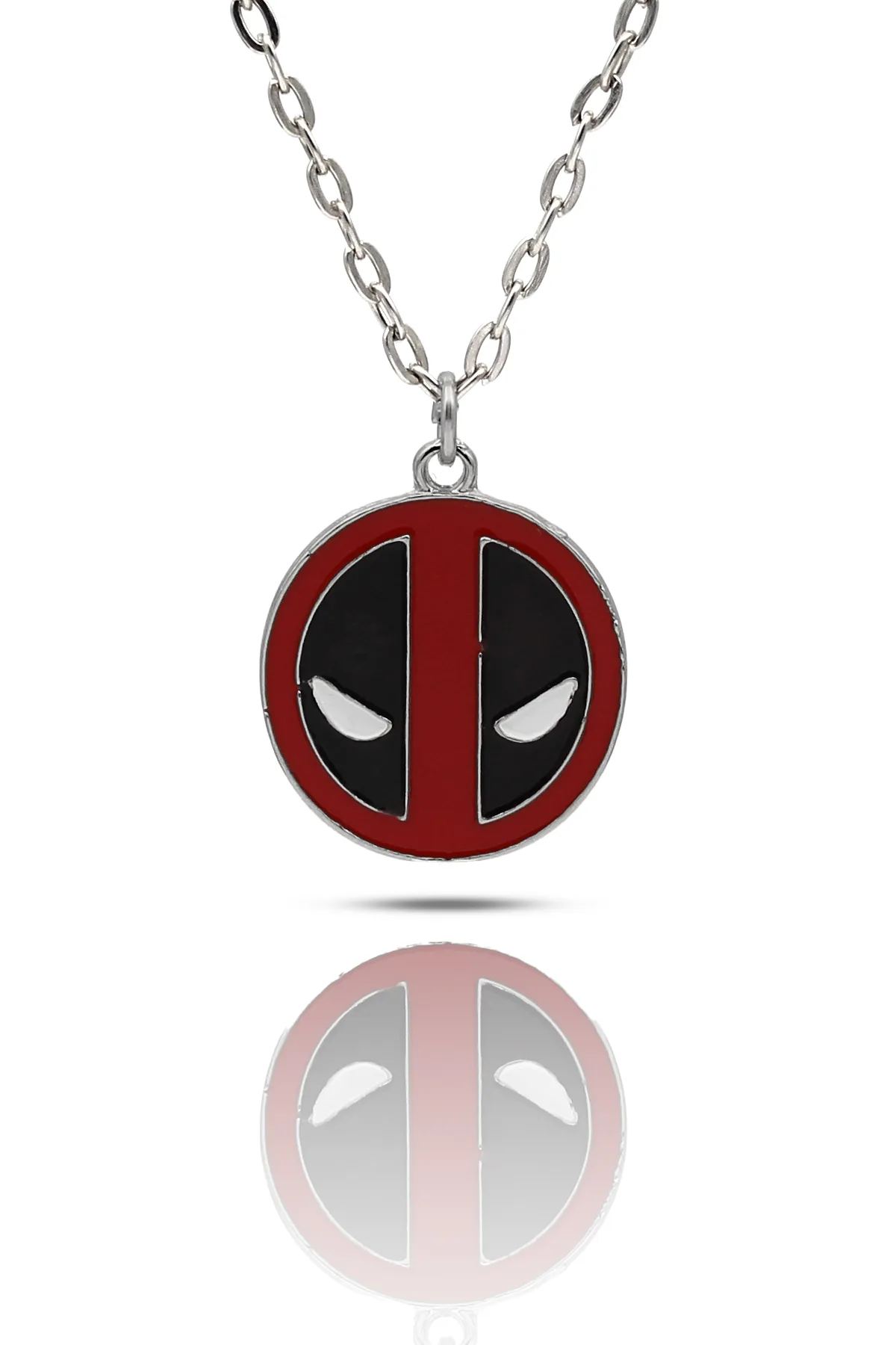 Deadpool Maske Kolye Kırmızı - Mineli - Gümüş Renk - Klasik Zincir - 65 cm