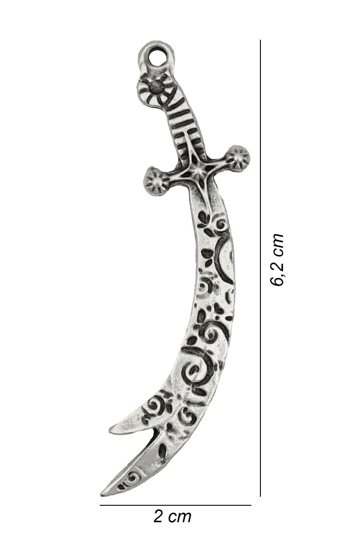 Desenli Zülfikar Kılıcı - Antik Gümüş Kaplama - Antik Gümüş Kaplama - Burgu Zincir - 65 cm
