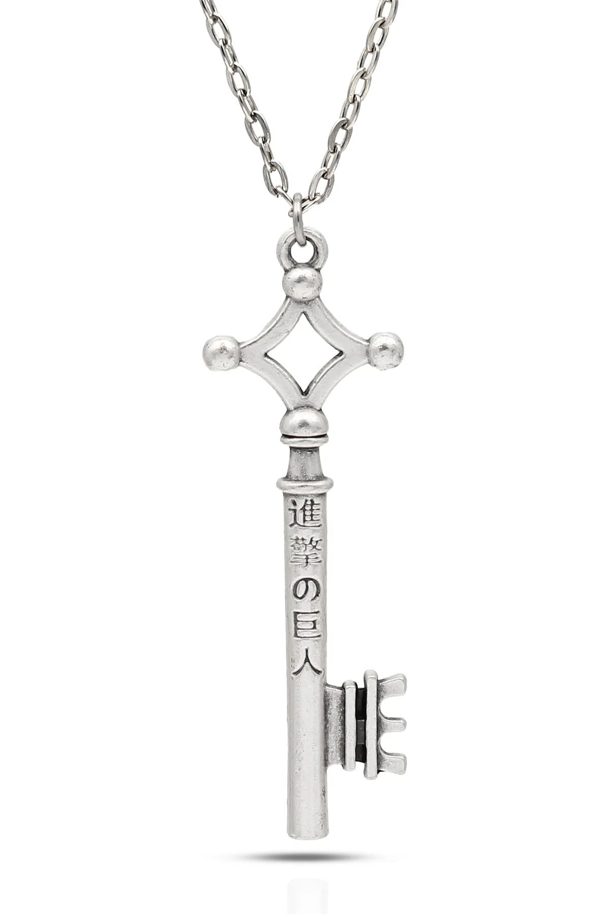 Attack On Titan Shingeki No Kyojin Eren Anahtar Kolye - Antik Gümüş Kaplama - Antik Gümüş Kaplama - Klasik Zincir - 65 cm