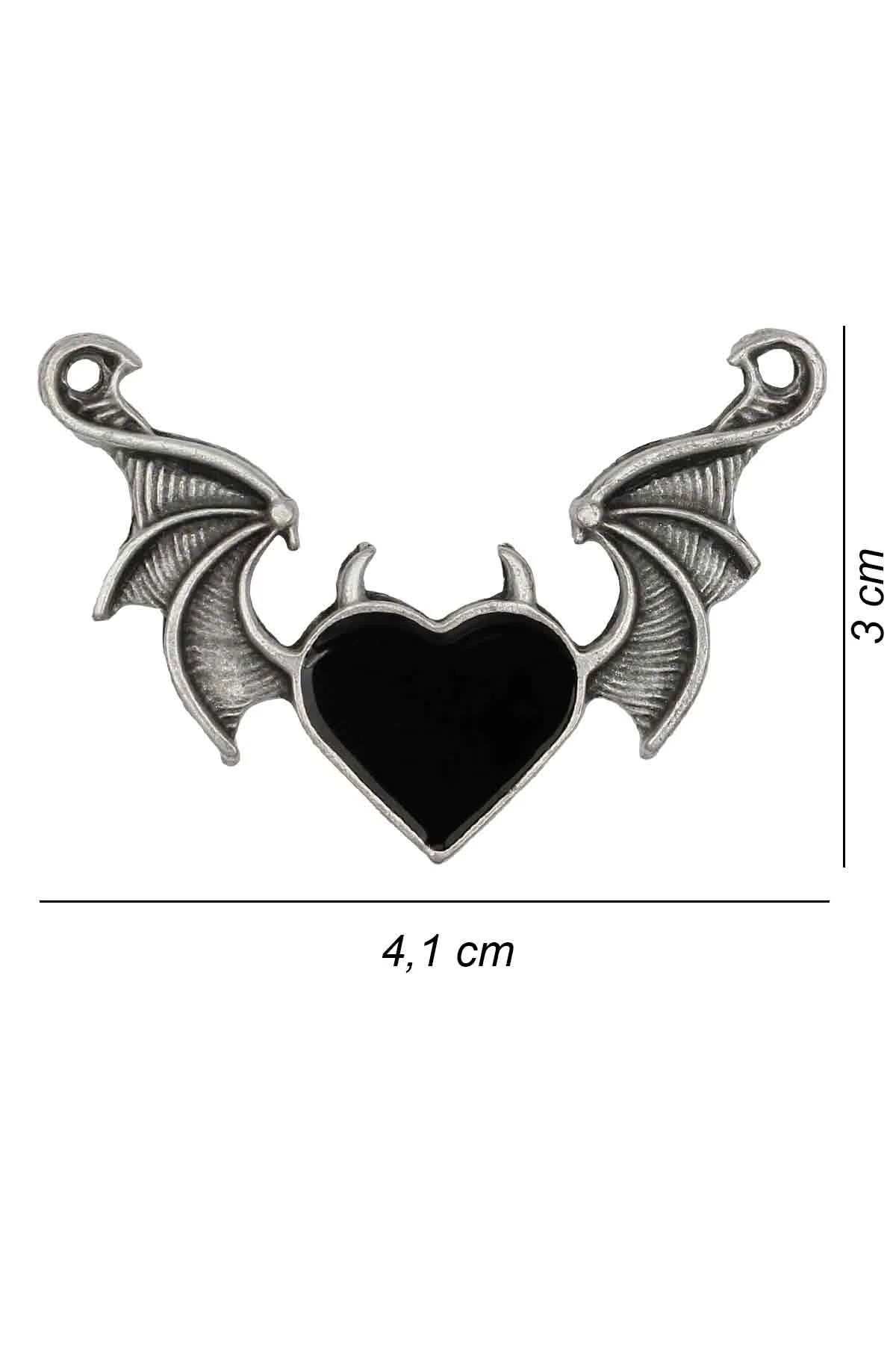 Gotik Devil Black Heart Kolye - Mineli Antik Gümüş Kaplama - Siyah Renk - Klasik Zincir - 65 cm