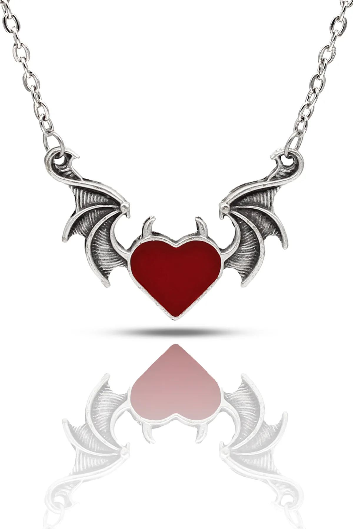 Gotik Devil Red Heart Kolye - Mineli Antik Gümüş Kaplama - Kırmızı Renk - Klasik Zincir - 65 cm