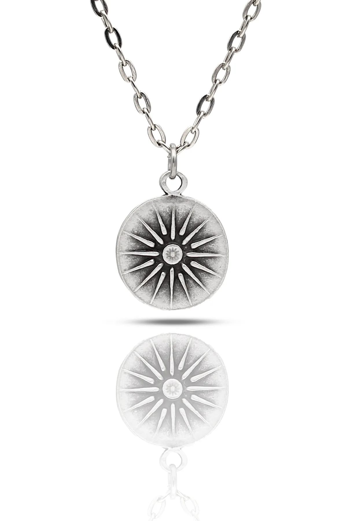 Otantik Vergina Güneşi Sembol Kolye Kabartmalı - Antik Gümüş Kaplama - Antik Gümüş Kaplama - Klasik Zincir - 65 cm