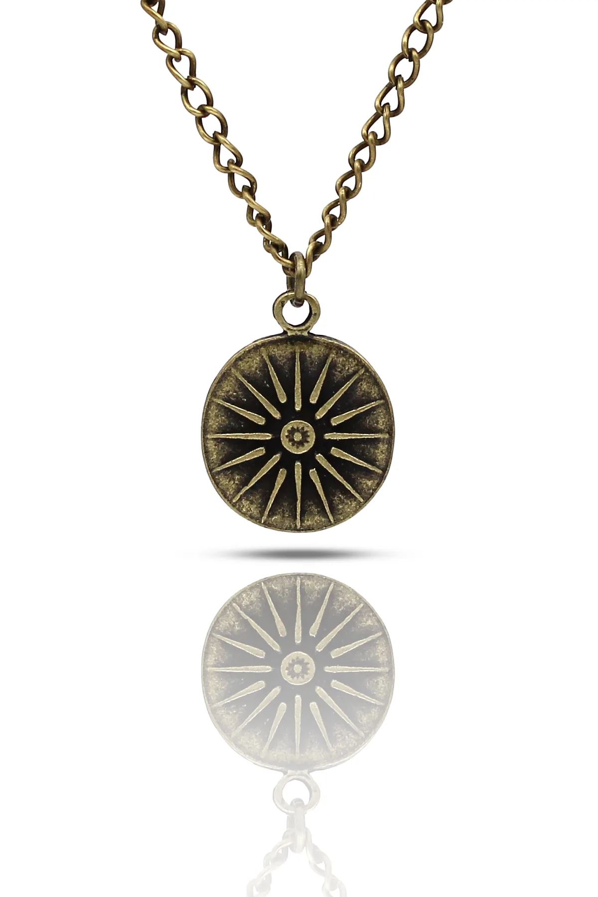 Otantik Vergina Güneşi Sembol Kolye Kabartmalı - Antik Gümüş Kaplama - Antik Sarı Kaplama - Klasik Zincir - 65 cm