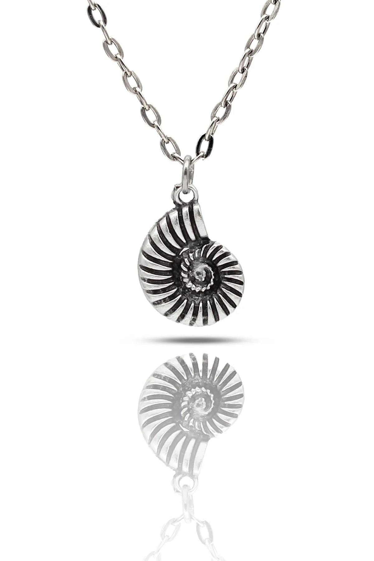 Spiral Mini Salyangoz Figür Kolye Kabartmalı - Antik Gümüş Kaplama - Antik Gümüş Kaplama - Klasik Zincir - 65 cm