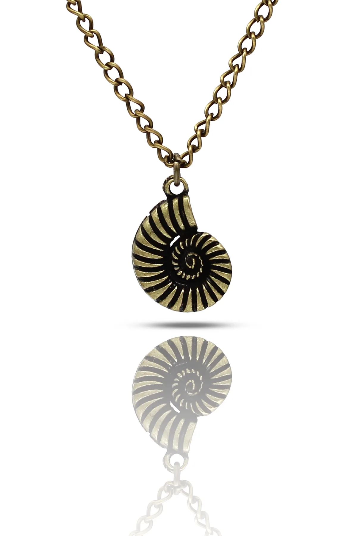 Spiral Mini Salyangoz Figür Kolye Kabartmalı - Antik Gümüş Kaplama - Antik Sarı Kaplama - Klasik Zincir - 65 cm