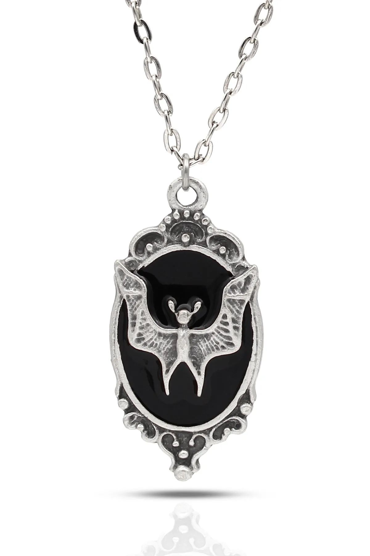 Yarasa Figürlü Madalyon Gotik Kolye - Kırmızı Mineli Antik Gümüş Kaplama - Antik Gümüş Kaplama - Klasik Zincir - 65 cm