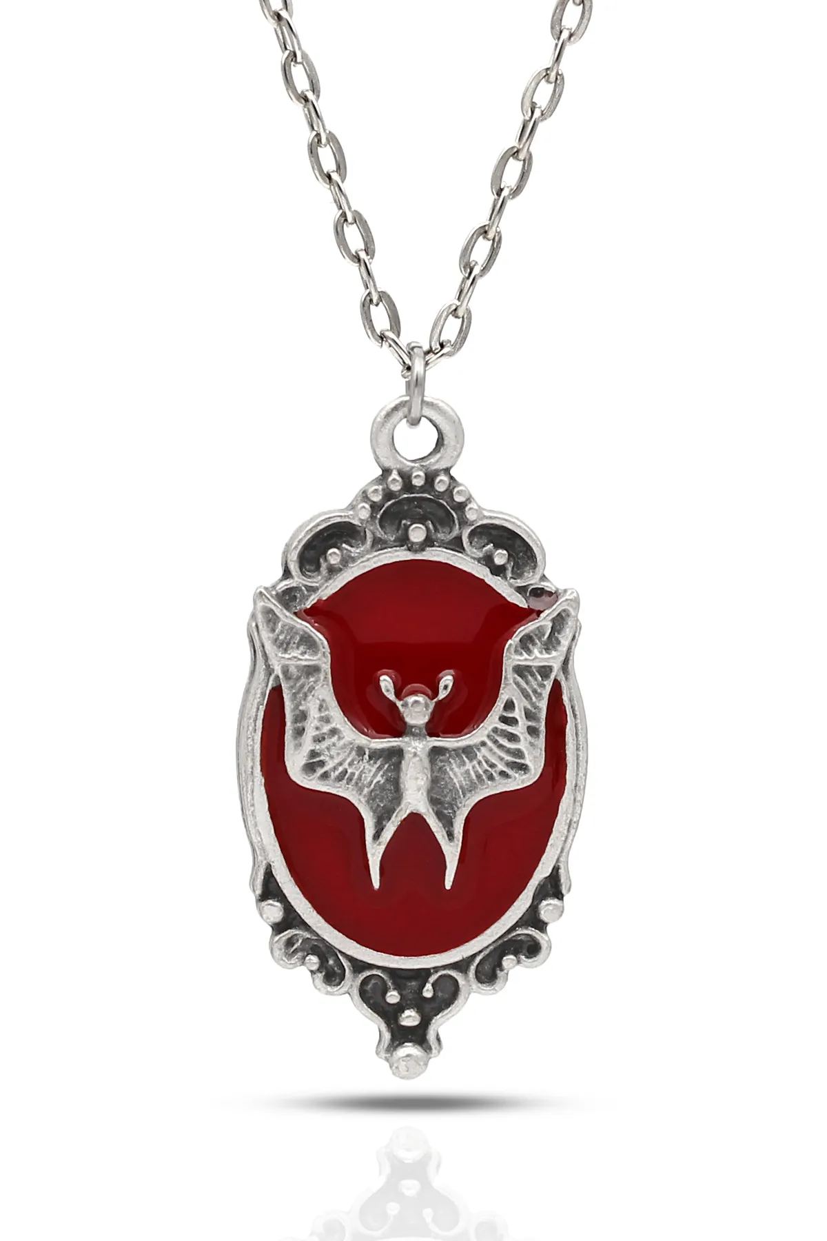 Yarasa Figürlü Madalyon Gotik Kolye - Kırmızı Mineli Antik Gümüş Kaplama - Kırmızı Renk - Klasik Zincir - 65 cm