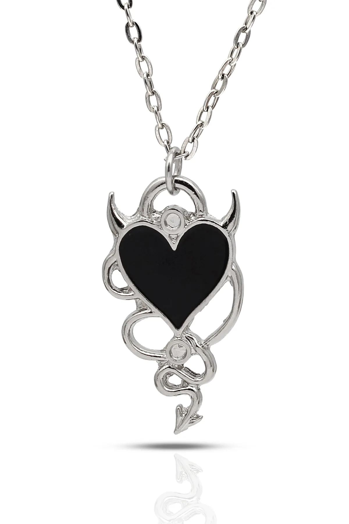 Snake Devil Heart Gotik Kolye - Siyah Mineli - Gümüş Renk - Klasik Zincir - 65 cm