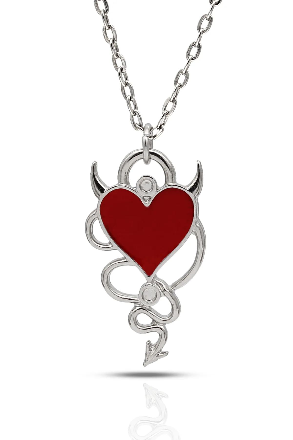 Snake Devil Heart Gotik Kolye - Kırmızı Mineli - Kırmızı Renk - Klasik Zincir - 65 cm