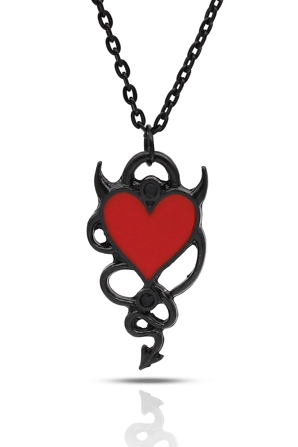 Snake Devil Heart Gotik Kolye - Siyah Mineli - Siyah Renk - Klasik Zincir - 65 cm