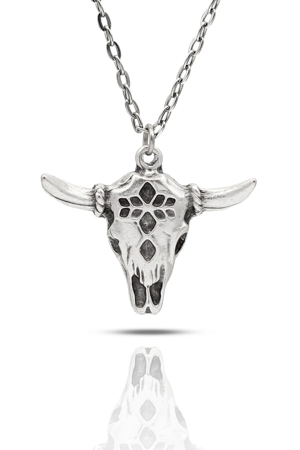Bizon Buffalo Kafatası İskelet Totem Kolye - Antik Gümüş Kaplama - Antik Gümüş Kaplama - Klasik Zincir - 65 cm