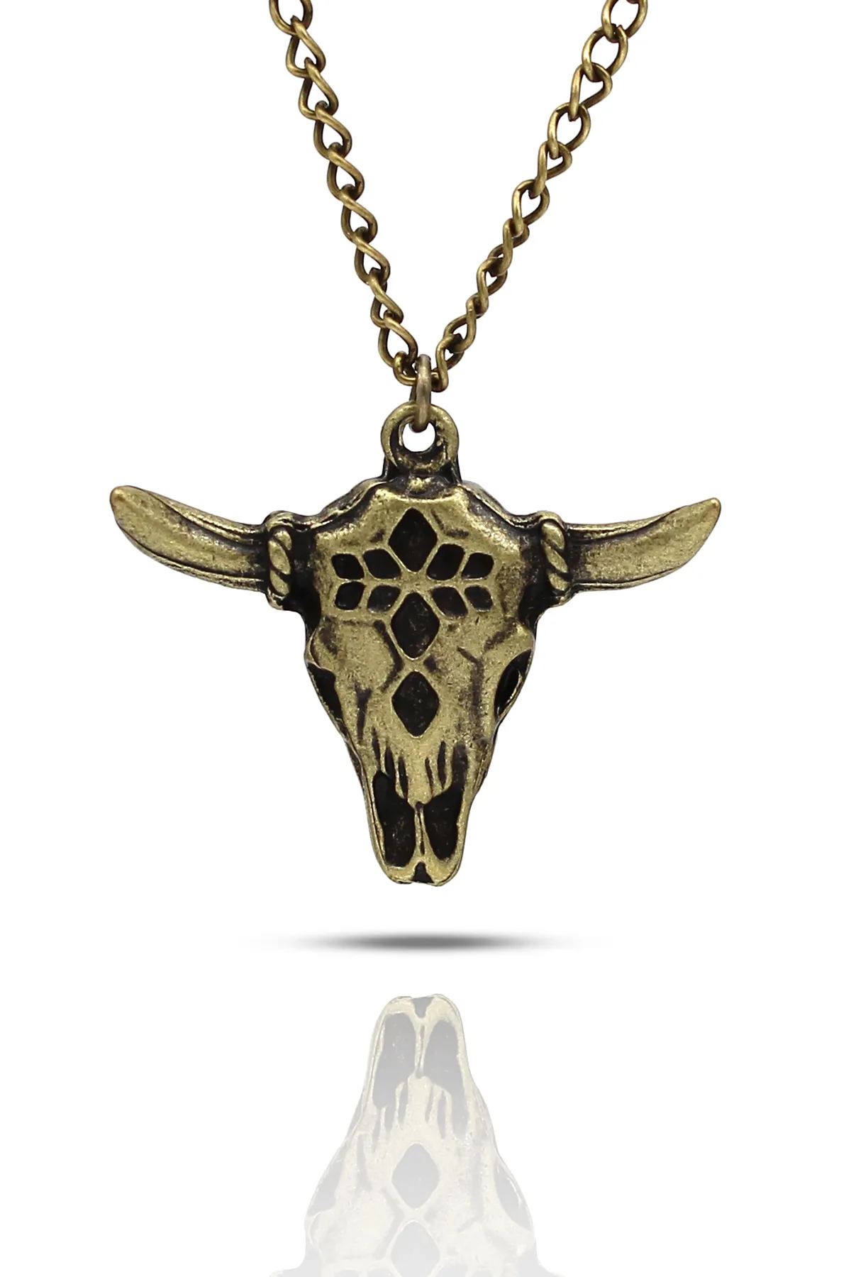 Bizon Buffalo Kafatası İskelet Totem Kolye - Antik Gümüş Kaplama - Antik Sarı Kaplama - Klasik Zincir - 65 cm