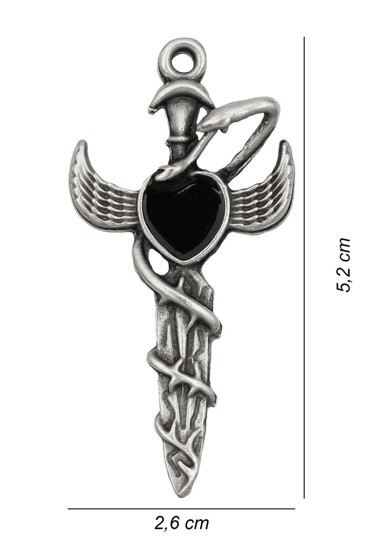 Siyah Kalpli Kılıç Gotik Kolye - Mineli Antik Gümüş - Siyah Renk - Klasik Zincir - 65 cm