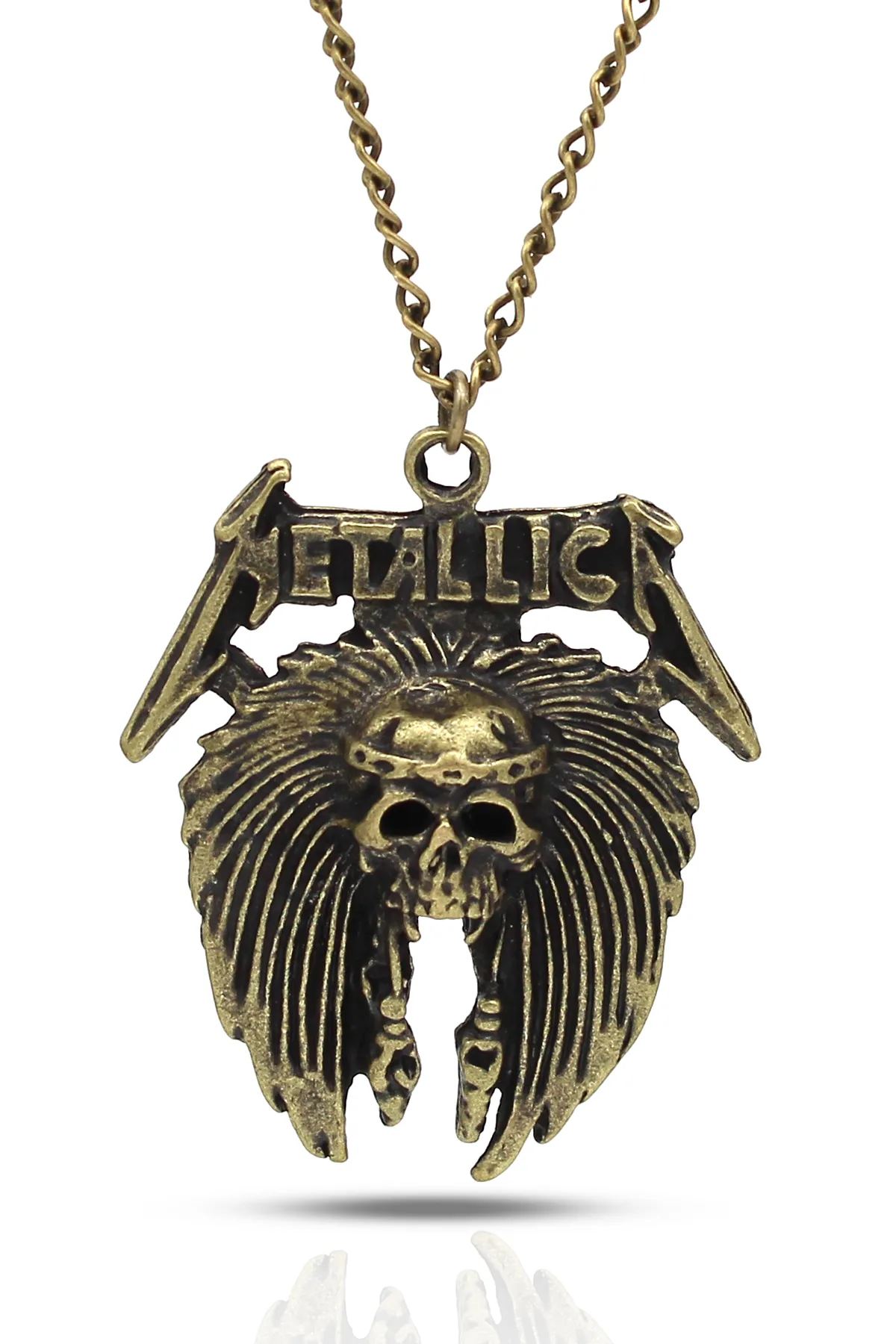 Metallica Kurukafa Rock Lordu Kolye - Antik Gümüş Kaplama - Antik Sarı Kaplama - Klasik Zincir - 65 cm