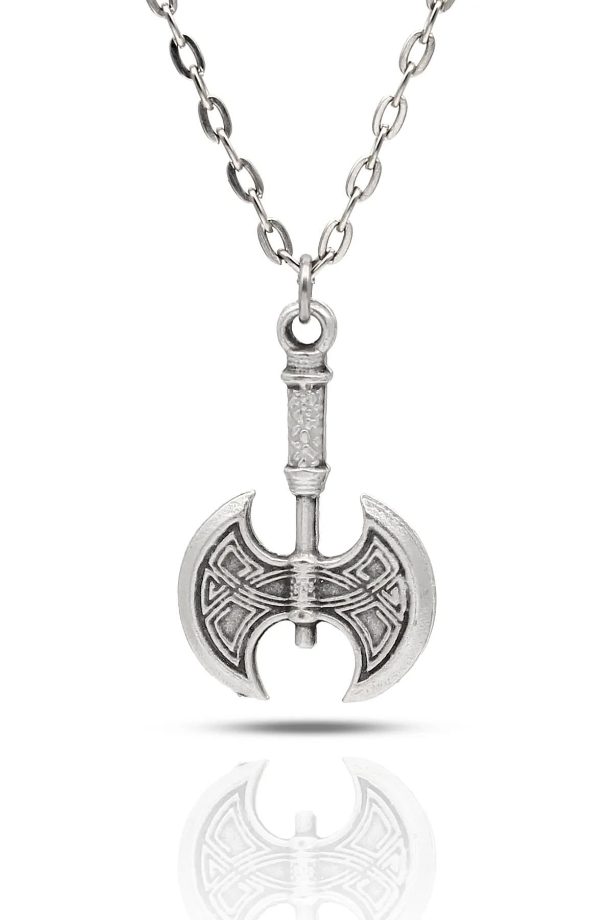 İşlemeli Viking Çift Başlı Balta Kolye - Antik Gümüş Kaplama - Antik Gümüş Kaplama - Klasik Zincir - 65 cm