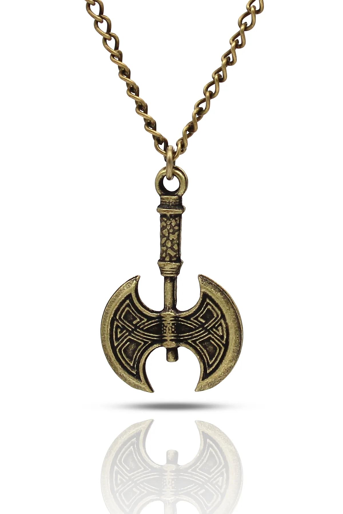 İşlemeli Viking Çift Başlı Balta Kolye - Antik Gümüş Kaplama - Antik Sarı Kaplama - Klasik Zincir - 65 cm